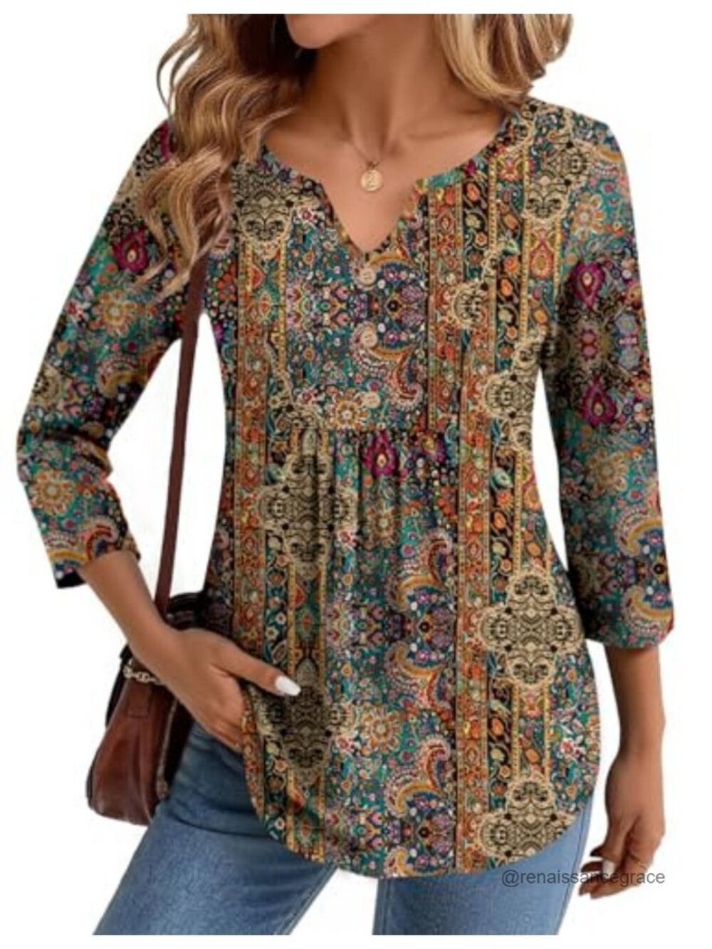 Women's Pleated V-Neck T-Shirt 3/4 Sleeve Casual Dressy Blouse Top